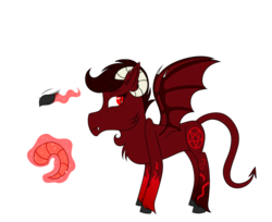 Size: 1224x1000 | Tagged: safe, artist:rose-blade, oc, oc only, oc:flare (demon), demon, demon pony, pony, bat wings, black sclera, chest fluff, fangs, female, freckles, glowing eyes, glowing horn, horn, horns, mare, markings, simple background, solo, transparent background, unshorn fetlocks, wings