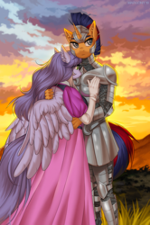 Size: 931x1400 | Tagged: safe, artist:margony, oc, oc:electric spark, oc:mariah wolves, alicorn, unicorn, anthro, alicorn oc, armor, clothes, dress, gown, knight, princess, shipping, ych result