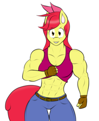 Size: 1280x1570 | Tagged: safe, artist:matchstickman, apple bloom, anthro, matchstickman's apple brawn series, tumblr:where the apple blossoms, g4, abs, apple bloom's bow, apple brawn, biceps, bow, breasts, busty apple bloom, clothes, deltoids, female, fingerless gloves, gloves, hair bow, jeans, looking at you, mare, midriff, muscles, older, older apple bloom, pants, shirt, shirt lift, simple background, sleeveless, solo, tumblr comic, white background