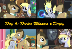 Size: 867x599 | Tagged: safe, artist:pinkyazflychan, edit, edited screencap, screencap, derpy hooves, doctor whooves, time turner, pony, g4, slice of life (episode), clothes, female, fourth doctor's scarf, male, scarf, ship:doctorderpy, shipping, straight, striped scarf