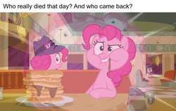 Size: 1138x720 | Tagged: safe, edit, edited screencap, screencap, pinkie pie, g4, the saddle row review, too many pinkie pies, clone, eating, flashback, food, implied death, meme, pancakes, pinkie clone, the adventures of mario and luigi, the super mario bros. super show!, vinesauce