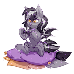 Size: 1200x1200 | Tagged: safe, artist:lispp, oc, oc only, bat pony, pony, chest fluff, controller, frog (hoof), hoof hold, pillow, serious, serious face, simple background, sitting, solo, underhoof, white background