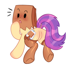 Size: 1300x1200 | Tagged: safe, artist:honeyntoast, oc, oc only, oc:paper bag, pony, adorasexy, blushing, butt, clothes, cute, dock, featureless crotch, looking back, ocbetes, open mouth, paper bag, plot, sexy, simple background, socks, solo, thigh highs, transparent background