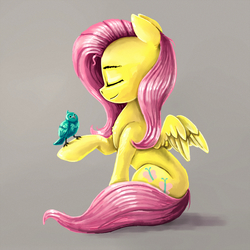 Size: 1800x1800 | Tagged: safe, artist:rysunkowasucharia, fluttershy, bird, pegasus, pony, g4, cute, eyes closed, female, hoof hold, mare, profile, raised hoof, shyabetes, sitting, smiling, solo, spread wings, wings
