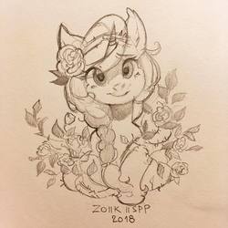 Size: 1080x1080 | Tagged: safe, artist:lispp, oc, oc only, pony, unicorn, flower, flower in hair, grayscale, monochrome, pencil drawing, rose, simple background, solo, traditional art, white background