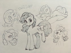 Size: 1280x960 | Tagged: safe, artist:lispp, pinkie pie, earth pony, pony, g4, cute, diapinkes, female, grayscale, monochrome, pencil drawing, pigtails, pillow, simple background, sketch, sketch dump, solo, traditional art, twintails, white background
