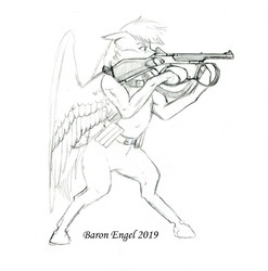 Size: 1100x1112 | Tagged: safe, artist:baron engel, pegasus, pony, aiming, bipedal, ergonomics, female, grayscale, gun, mare, monochrome, pencil drawing, simple background, sketch, solo, traditional art, weapon, white background