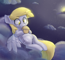 Size: 2500x2300 | Tagged: safe, artist:swerve-art, derpy hooves, pegasus, pony, g4, cloud, cute, derpabetes, derpy day, derpy day 2019, female, food, high res, lying on a cloud, moon, muffin, night, sky, solo, speedpaint available, stars, that pony sure does love muffins