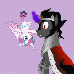Size: 900x900 | Tagged: safe, artist:enigmadoodles, king sombra, princess flurry heart, alicorn, pony, g4, season 9, the beginning of the end, :p, boop, cute, daaaaaaaaaaaw, duo, flurrybetes, imminent death, magic, parody, profile, purple background, scene parody, silly, simple background, telekinesis, tongue out, upside down