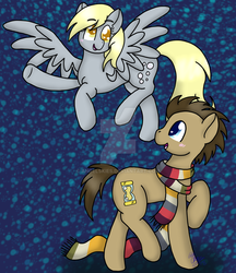 Size: 1024x1183 | Tagged: safe, artist:angelskies, derpy hooves, doctor whooves, time turner, earth pony, pony, g4, clothes, female, fourth doctor's scarf, male, obtrusive watermark, scarf, ship:doctorderpy, shipping, straight, striped scarf, watermark