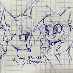 Size: 1080x1080 | Tagged: safe, artist:lispp, oc, oc only, oc:angela de medici, oc:share dast, earth pony, pony, :p, chest fluff, duo, ear feathers, graph paper, lineart, looking at each other, silly, sketch, tongue out, traditional art