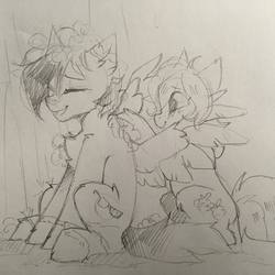 Size: 1080x1080 | Tagged: safe, artist:lispp, earth pony, pegasus, pony, bathing, duo, eyes closed, lineart, monochrome, shower, smiling, soap suds, traditional art, washing
