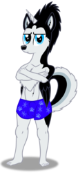 Size: 1545x3431 | Tagged: safe, artist:mrchaosthecunningwlf, artist:ponyvillechaos577, oc, oc only, oc:frost cloud, alicorn, husky, hybrid, anthro, alicorn oc, clothes, male, solo, swimming trunks, swimsuit