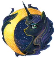 Size: 700x735 | Tagged: safe, artist:dany-the-hell-fox, princess luna, alicorn, pony, g4, bust, crescent moon, ethereal mane, female, moon, portrait, profile, simple background, solo, starry mane, stars, transparent background, transparent moon