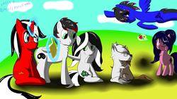 Size: 2560x1440 | Tagged: safe, artist:jimmy draws, oc, oc only, oc:doodman, dog, earth pony, pegasus, pony, unicorn, book, commission, cute, female, flying, glasses, horn, magic, male, mare, stallion, wings