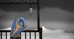 Size: 2048x1080 | Tagged: safe, artist:eclipsepenumbra, artist:eclipsethebat, oc, oc only, oc:eclipse penumbra, bat pony, anthro, female, outdoors, snow, snowfall, solo, wind, wind chimes