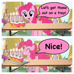Size: 1540x1525 | Tagged: safe, artist:bleukettu, edit, vector edit, pinkie pie, earth pony, pony, g4, blurry background, collage, cupcake, day, food, inside joke, ponyville, rainbow cupcake, serving tray, smiling, speech bubble, steve1989mreinfo, table, tray, vector