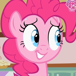 Size: 540x540 | Tagged: safe, screencap, pinkie pie, earth pony, pony, g4, the cutie pox, cropped, female, grin, logo, mare, nervous, nervous smile, smiling, solo, sweat
