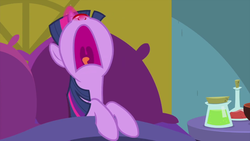 Size: 1280x720 | Tagged: safe, screencap, twilight sparkle, alicorn, pony, ail-icorn, g4, interseason shorts, bed, female, mare, nose in the air, red nosed, sicklight sparkle, solo, twilight sparkle (alicorn)