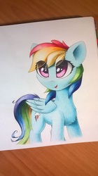 Size: 711x1266 | Tagged: safe, artist:ifmsoul, rainbow dash, pegasus, pony, g4, chest fluff, cutie mark, ear fluff, eye clipping through hair, female, folded wings, happy, mare, open mouth, smiling, solo, standing, traditional art, wings