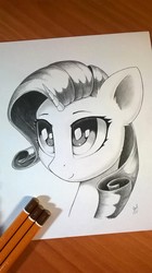 Size: 711x1266 | Tagged: safe, artist:ifmsoul, rarity, pony, unicorn, g4, bust, ear fluff, female, grayscale, mare, monochrome, pencil drawing, portrait, smiling, solo, three quarter view, traditional art
