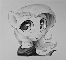 Size: 1852x1688 | Tagged: safe, artist:ifmsoul, fluttershy, pony, g4, bust, clothes, ear fluff, female, grayscale, looking at you, looking sideways, mare, monochrome, open mouth, pencil drawing, portrait, scarf, smiling, solo, three quarter view, traditional art, windswept mane