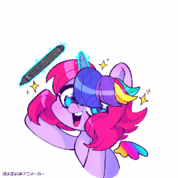 Size: 400x400 | Tagged: safe, artist:techycutie, derpibooru exclusive, oc, oc:techy twinkle, pony, unicorn, animated, artificial wings, augmented, gif, magic, magic wings, simple background, solo, sparkles, tablet pen, wings