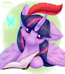 Size: 943x1080 | Tagged: safe, artist:striped-chocolate, twilight sparkle, alicorn, butterfly, pony, rcf community, g4, book, eye clipping through hair, female, prone, quill, reading, signature, solo, twilight sparkle (alicorn)