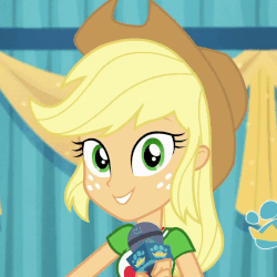 Size: 800x800 | Tagged: safe, screencap, applejack, best in show: the pre-show, equestria girls, g4, my little pony equestria girls: better together, animated, applejack's hat, applejack's shirt with a collar, clothes, collar, collar shirt, cowboy hat, cropped, cute, female, freckles, geode of super strength, gif, hair, hat, jackabetes, magical geodes, microphone, open mouth, open smile, ponytail, shirt, shirt with a collar, smiling, t-shirt, teenager, yeehaw
