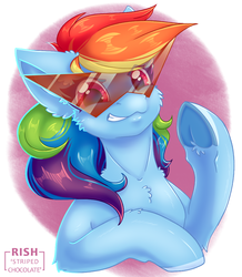 Size: 943x1080 | Tagged: safe, artist:striped-chocolate, rainbow dash, pony, rcf community, g4, bust, female, grin, kamina sunglasses, portrait, signature, simple background, smiling, solo, sunglasses