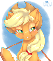 Size: 943x1080 | Tagged: safe, artist:striped-chocolate, applejack, earth pony, pony, rcf community, g4, bust, female, lidded eyes, portrait, rope, signature, simple background, smiling, solo
