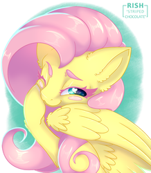 Size: 943x1080 | Tagged: safe, artist:striped-chocolate, fluttershy, pony, rcf community, g4, blush sticker, blushing, bust, cute, female, head tilt, heart, heart eyes, hoof on cheek, looking at you, looking sideways, one eye closed, portrait, shyabetes, signature, simple background, smiling, solo, spread wings, wingding eyes, wings