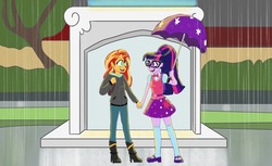 Size: 1280x782 | Tagged: safe, artist:greatveiledbear, sci-twi, sunset shimmer, twilight sparkle, equestria girls, g4, monday blues, my little pony equestria girls: summertime shorts, boots, clothes, duo, glasses, high heel boots, mary janes, no pupils, open mouth, ponytail, rain, scene interpretation, sci-twi outfits, shoes, skirt, socks, umbrella, zettai ryouiki