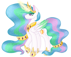 Size: 5000x4000 | Tagged: safe, artist:ghostlykittycat, princess celestia, alicorn, pony, g4, alternate cutie mark, colored wings, cutie mark, ethereal mane, female, glowing horn, hair tie, horn, jewelry, mare, raised hoof, redesign, regalia, sidemouth, simple background, solo, starry mane, transparent background