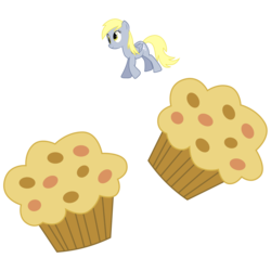 Size: 1081x1081 | Tagged: safe, artist:sciencesean, derpy hooves, pegasus, pony, g4, derpy day, derpy day 2019, female, floating, food, jumping, muffin, simple background, solo, tiny, tiny ponies, transparent background, vector