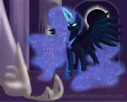Size: 5000x4000 | Tagged: safe, artist:ghostlykittycat, nightmare moon, princess celestia, alicorn, pony, g4, confrontation, duo, eclipse, ethereal mane, female, glowing eyes, glowing horn, hoof shoes, horn, jewelry, mare, missing accessory, regalia, sisters, spread wings, starry mane, story included, wings