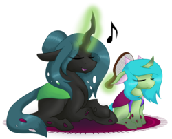 Size: 2684x2171 | Tagged: safe, artist:ghostlykittycat, queen chrysalis, oc, changedling, changeling, g4, alternate hairstyle, brush, brushing, changedling oc, changeling hybrid, changeling oc, crossed hooves, duo, eye clipping through hair, eyes closed, female, filly, glowing horn, hair bun, high res, horn, magic, mommy chrissy, mother and daughter, music notes, open mouth, parent:queen chrysalis, parent:thorax, parents:chrysarax, rug, sidemouth, singing, sitting, telekinesis