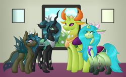 Size: 1024x625 | Tagged: safe, artist:ghostlykittycat, queen chrysalis, thorax, oc, oc:changing peace, oc:shifting harmony, changedling, changeling, changeling queen, g4, changedling oc, changeling hybrid, changeling oc, chrysarax, crown, cute, cute little fangs, cutealis, eye clipping through hair, family, fangs, father and daughter, female, husband and wife, jewelry, king thorax, looking at each other, looking at you, male, mommy chrissy, mother and daughter, next generation, parent:queen chrysalis, parent:thorax, parents:chrysarax, regalia, siblings, sisters, smiling, spread wings, story included, thorabetes, window, wings