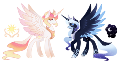 Size: 3000x1500 | Tagged: safe, alternate version, artist:ghostlykittycat, princess celestia, princess luna, alicorn, pony, g4, alternate design, alternate universe, blaze (coat marking), coat markings, crown, cutie mark, duo, ethereal mane, eye clipping through hair, facial markings, female, jewelry, looking at you, mare, peytral, raised hoof, redesign, reference sheet, regalia, siblings, simple background, sisters, spread wings, starry mane, swirly markings, tail feathers, tiara, transparent background, twins, white-haired luna, wings