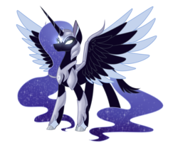 Size: 1842x1500 | Tagged: safe, artist:ghostlykittycat, nightmare moon, alicorn, pony, g4, armor, colored wings, ethereal mane, female, glowing eyes, hair tie, helmet, horn, long horn, mare, redesign, simple background, solo, spread wings, starry mane, story included, tail feathers, transparent background, wing armor, wings