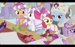 Size: 2880x1800 | Tagged: safe, screencap, apple bloom, princess cadance, scootaloo, sweetie belle, alicorn, bird, earth pony, pegasus, pony, unicorn, a canterlot wedding, g4, season 2, basket, cute, cutealoo, cutie mark crusaders, female, filly, flower girl, letterboxing, mare, mouth hold
