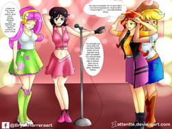 Size: 1024x768 | Tagged: safe, artist:attentte, applejack, fluttershy, sunset shimmer, oc, oc:sirenia, equestria girls, g4, armpits, betrayal, betrayed, captured, headphones, human coloration, hypnosis, hypnotized, microphone, microphone stand, music, singing, siren song, sleeping, songstress, spellbinderz, spiral, swirly eyes, trance