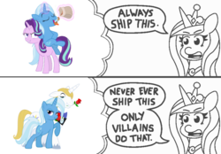 Size: 800x556 | Tagged: safe, prince blueblood, princess cadance, starlight glimmer, trixie, pony, g4, always ship this, exploitable meme, female, lesbian, male, meme, ship:bluetrix, ship:startrix, shipping, straight