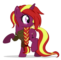 Size: 1991x1963 | Tagged: safe, artist:mint-light, artist:rioshi, artist:starshade, oc, oc only, oc:cherry twister, pony, unicorn, blushing, braid, clothes, cutie mark, eye scar, female, jacket, knife, lifted leg, long tail, looking back, scar, shadow, simple background, solo, transparent background, two toned mane