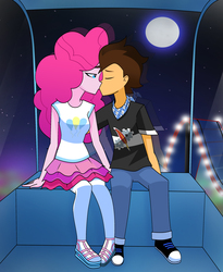 Size: 2648x3226 | Tagged: safe, artist:xan-gelx, pinkie pie, oc, oc:copper plume, equestria girls, g4, canon x oc, clothes, commission, commissioner:imperfectxiii, converse, copperpie, eyes closed, female, ferris wheel, full moon, high res, jeans, kissing, male, moon, neckerchief, pants, pantyhose, sandals, shoes, skirt, sneakers, straight
