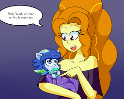 Size: 1000x800 | Tagged: safe, artist:jake heritagu, adagio dazzle, oc, oc:sparkling sapphire, comic:aria's archives, comic:rise, series:sciset diary, equestria girls, g4, baby, chewing, clothes, dialogue, dress, eating, female, first time, holding, holding a human, looking at each other, magical lesbian spawn, offspring, onesie, open mouth, parent:sci-twi, parent:sunset shimmer, parents:scitwishimmer, pattern, pony ears, speech bubble, stars, talking, teething ring, tickling, woman