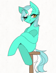 Size: 1414x1828 | Tagged: safe, artist:seamaggie, lyra heartstrings, pony, unicorn, g4, animated, crossed legs, ear flick, female, gif, lowres, mare, meme, missing cutie mark, one eye closed, sitting, sitting lyra, solo, stool, tail, tail flick, tail wag, wink
