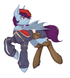 Size: 2000x2229 | Tagged: safe, artist:spamjamz, oc, oc only, pony, vampony, bat wings, beret, clothes, facial hair, fancy, goatee, hat, high res, leggings, pouch, red eyes, solo, wings