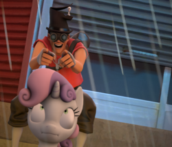Size: 1266x1080 | Tagged: safe, artist:henry, derpibooru exclusive, sweetie belle, human, pony, g4, 3d, abuse, asshat, gibus, rain, schadenfreude, scout (tf2), source filmmaker, sweetiebuse, taunting, team fortress 2