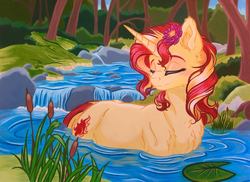Size: 3996x2906 | Tagged: safe, artist:emberslament, artist:gaelledragons, sunset shimmer, pony, unicorn, g4, blushing, chest fluff, collaboration, colored pencil drawing, cute, detailed background, ear fluff, eyes closed, female, flower, flower in hair, high res, lilypad, mare, photo, river, shimmerbetes, solo, traditional art, tree, water